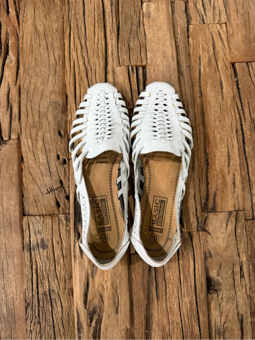 Basic Editions White Woven Leather Huarache Flats